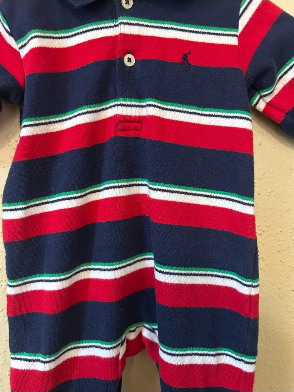 Ralph Lauren Navy, Red & Green Striped Footed One-Piece